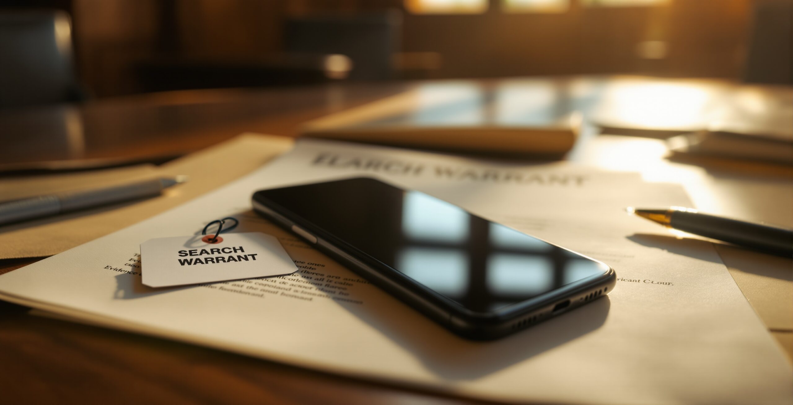 El Paso County courthouse with a seized smartphone on a legal pad, Colorado Springs. Caption: Colorado cellphone search warrant disputes are won on scope, timing, and particularity. Colorado cellphone search warrant.