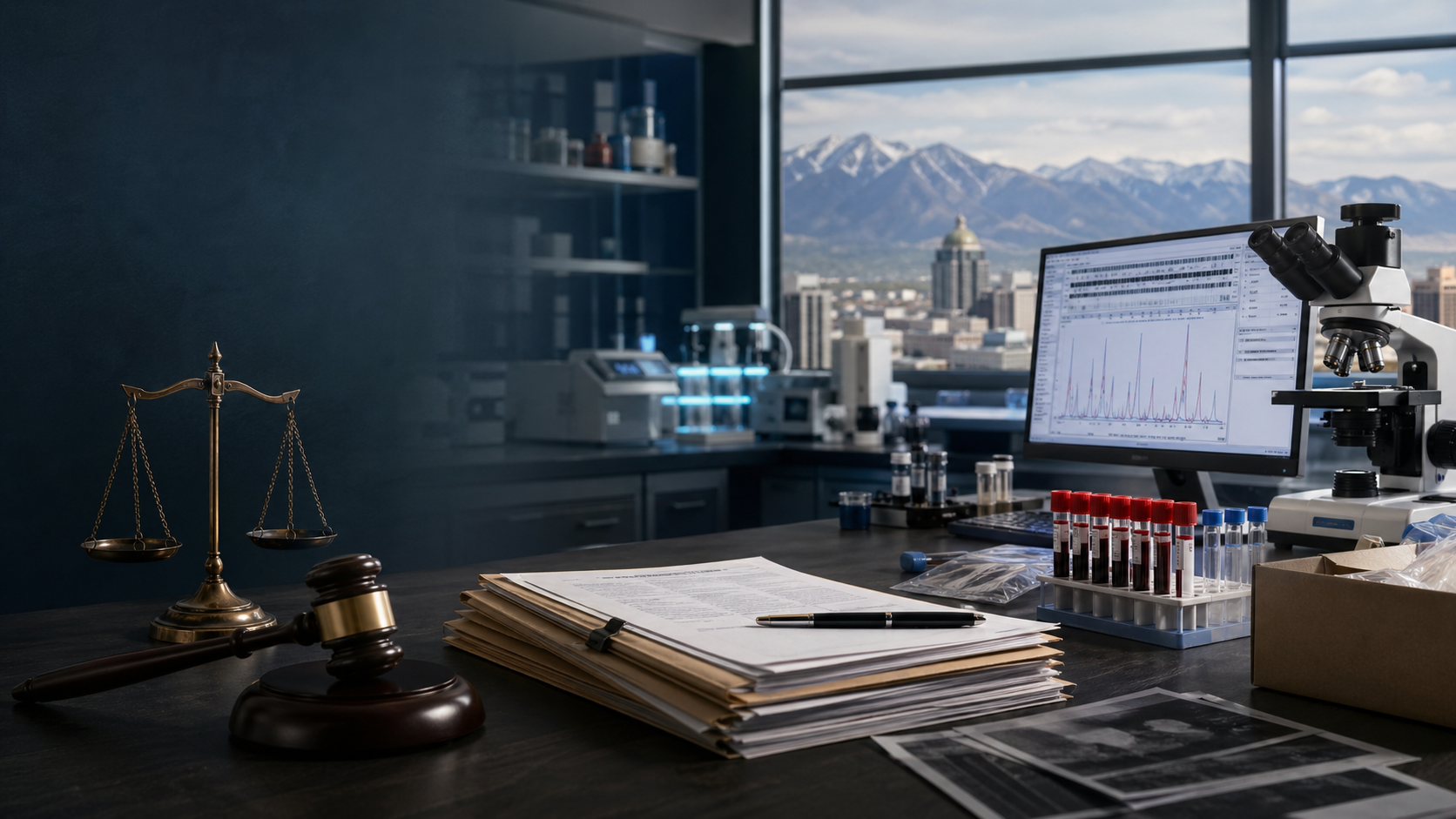 Colorado crime lab with evidence boxes and DNA testing equipment on a bench.