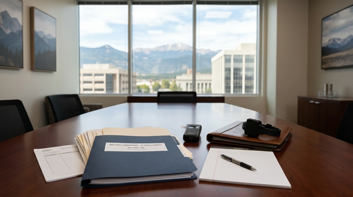 domestic violence pretrial conditions Colorado Defendant meets with attorney in Colorado Springs about mandatory protection order and GPS monitoring