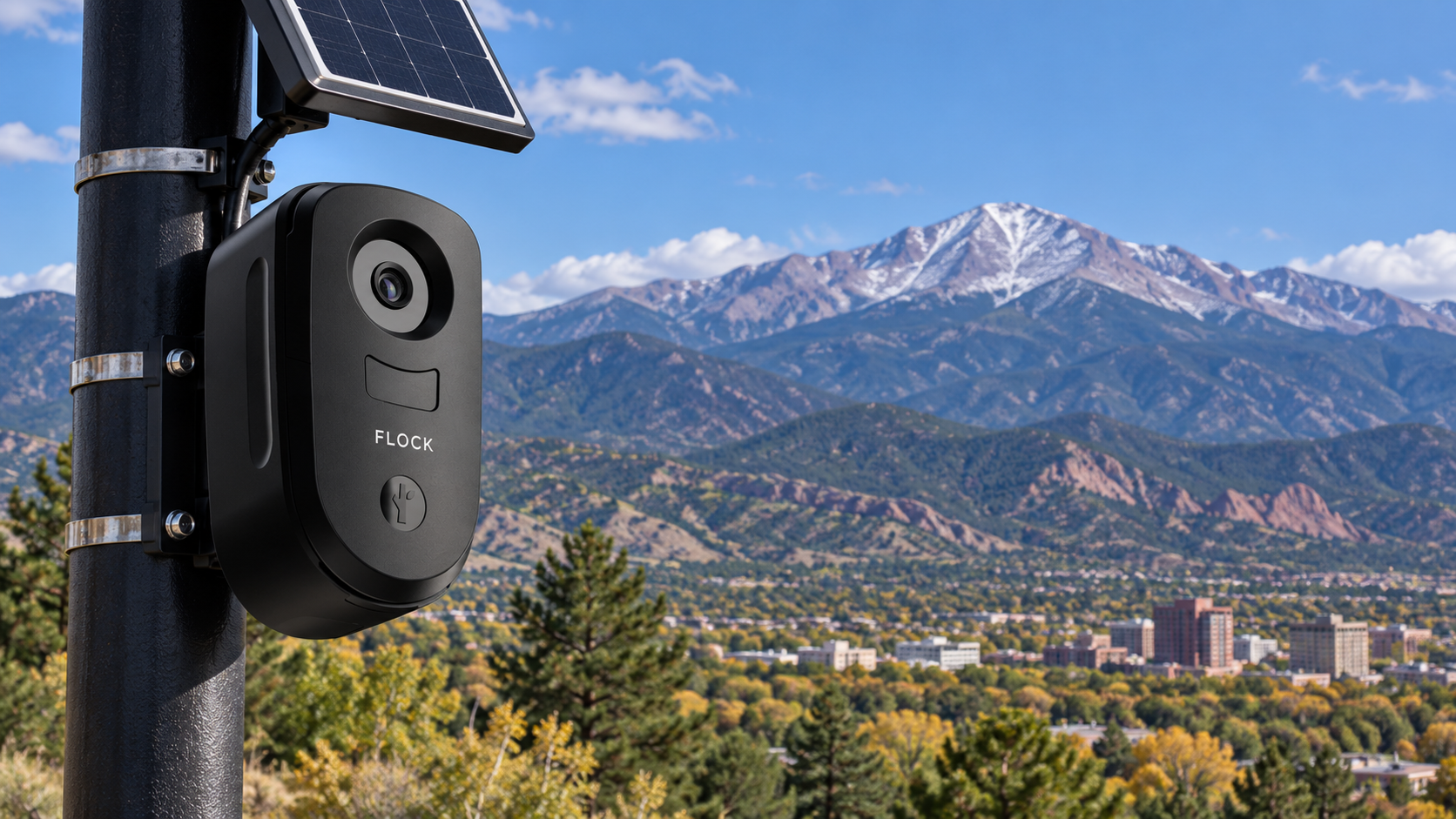 Flock Camera with Pikes Peak, Colorado Flock license plate reader mounted on a pole with Pikes Peak and light clouds in the background.