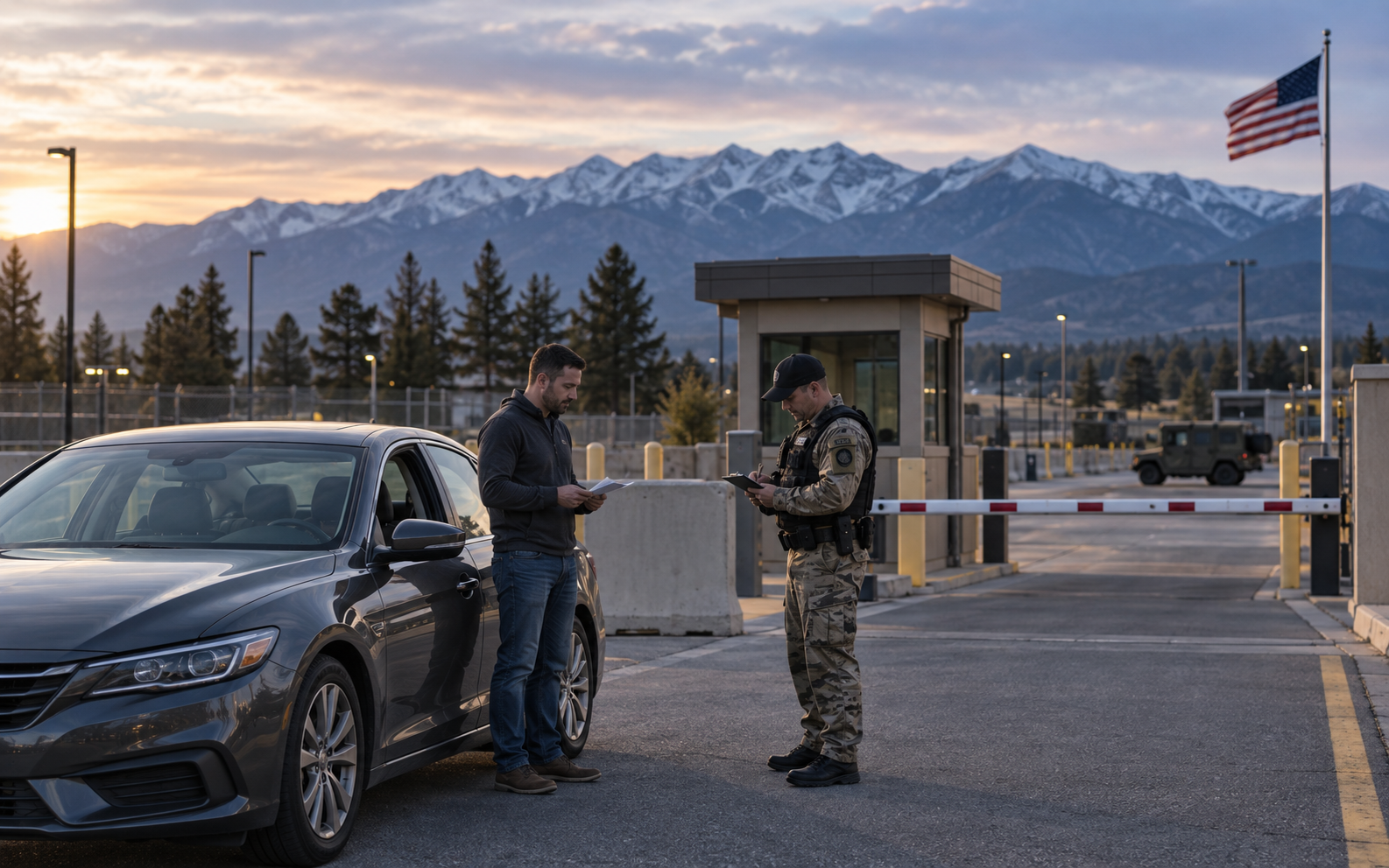 Military-base checkpoint in Colorado Driver and uniformed officer reviewing paperwork beside a car at a military-base entrance, with Colorado mountains beyond.