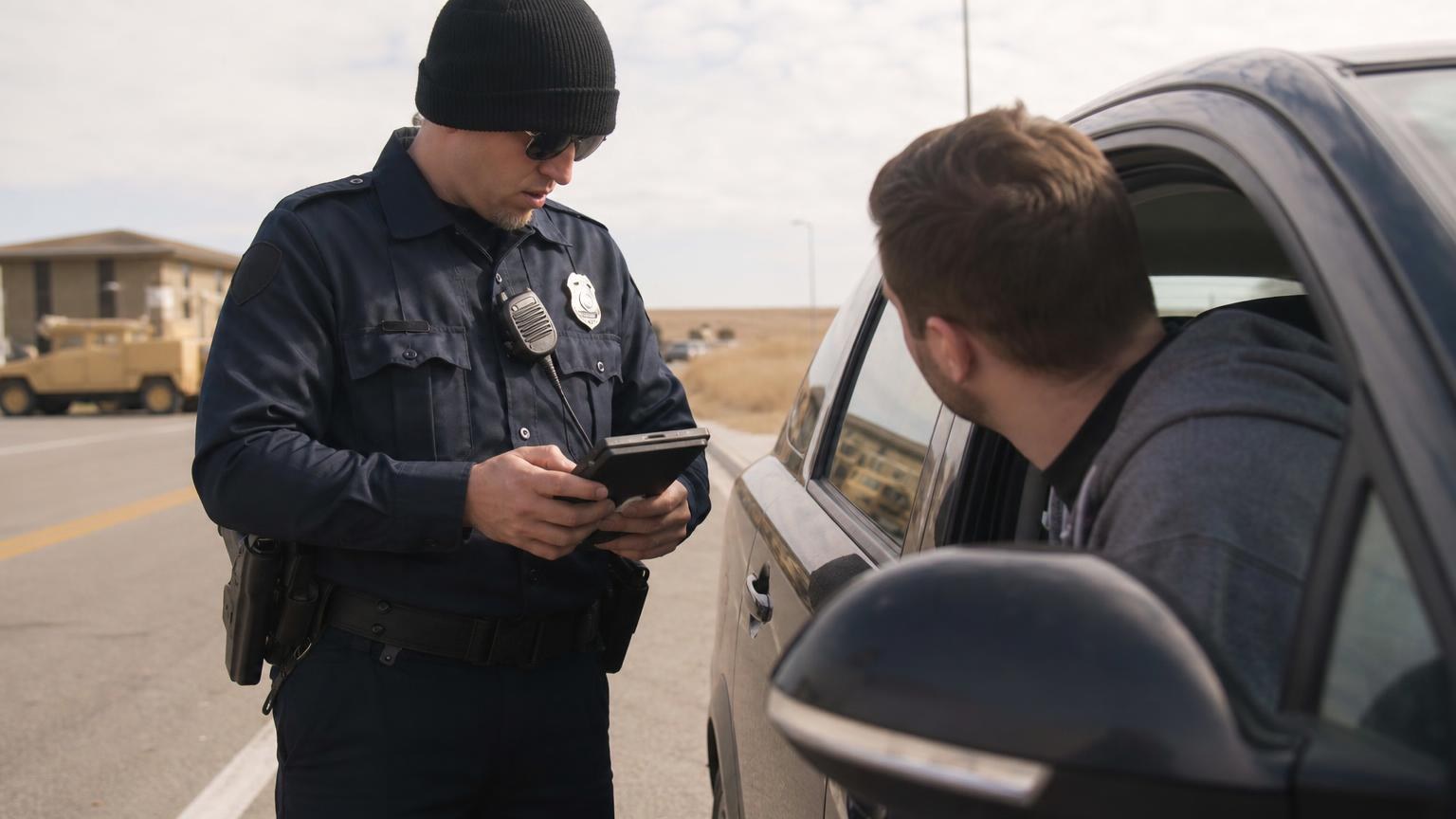 On-Base vs. Off-Base DUI in Colorado Police officer speaking with a driver during a roadside DUI investigation near a military installation