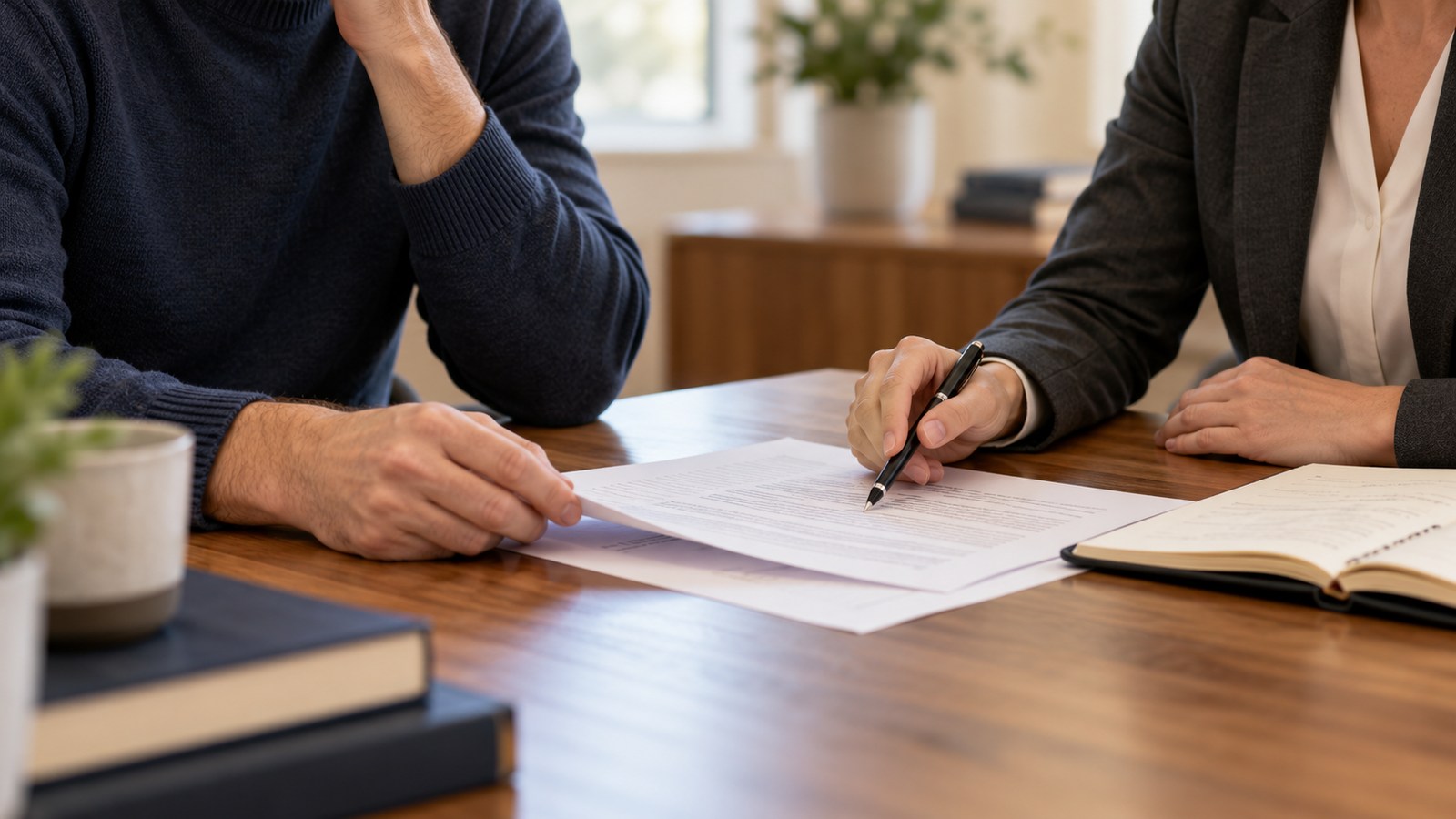 Client and attorney reviewing documents together at a table.