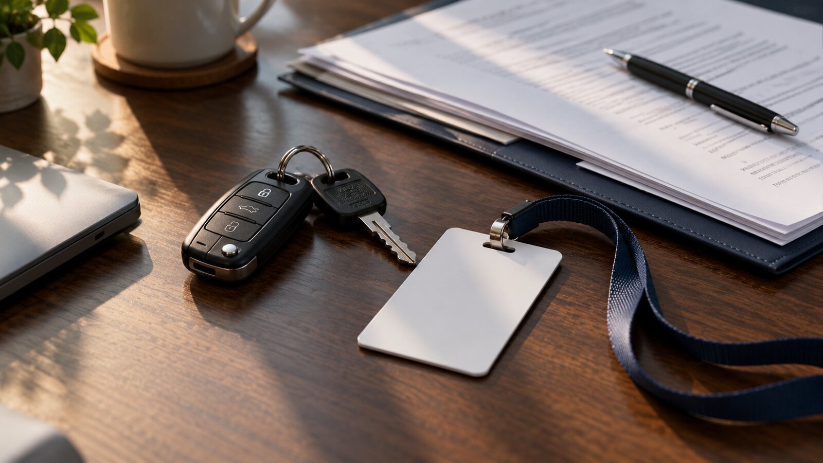 Car keys, a workplace access card and documents on a desk.