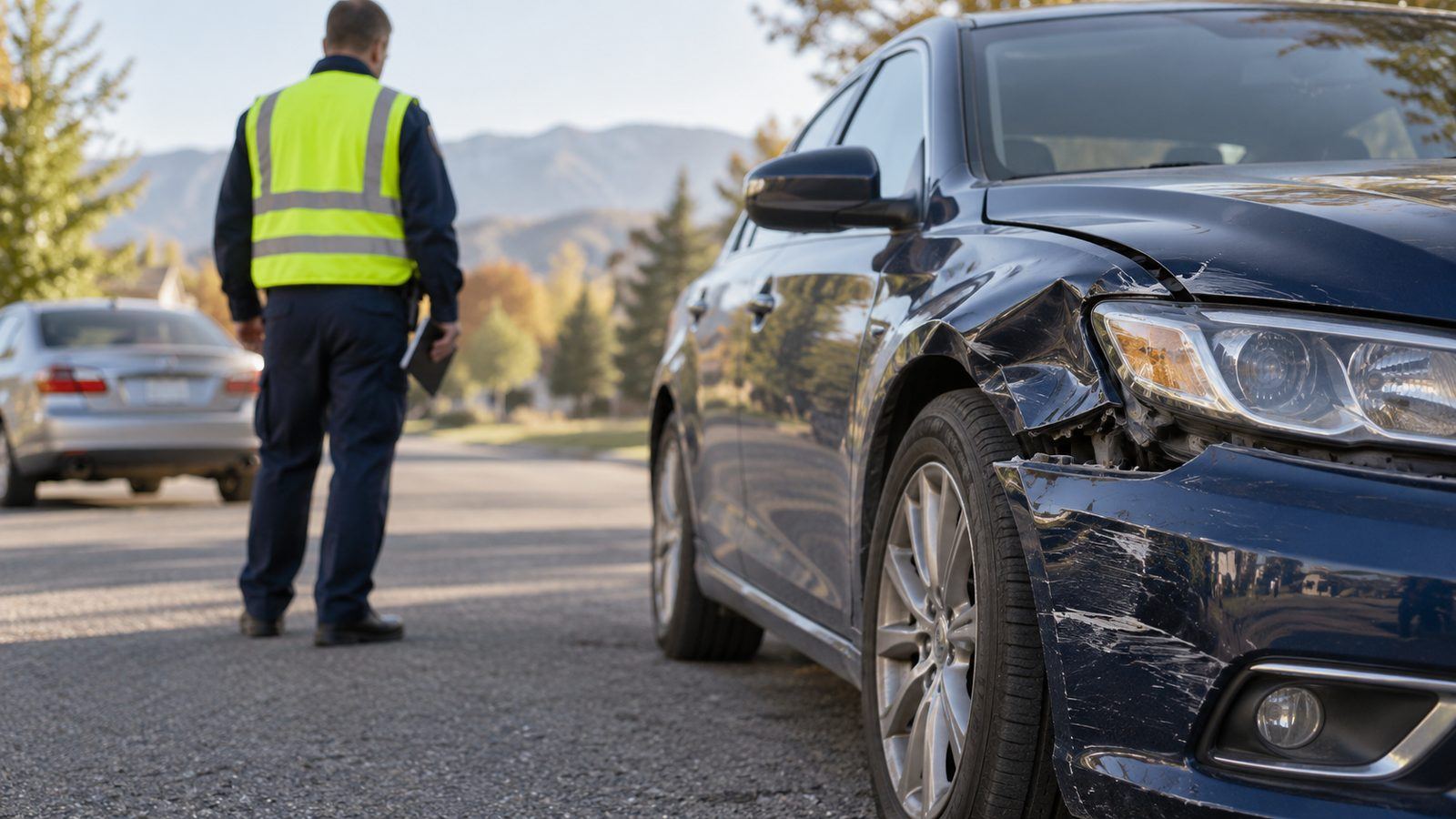 DUI With an Accident in Colorado Damaged blue sedan with a reflective-vest investigator standing nearby.